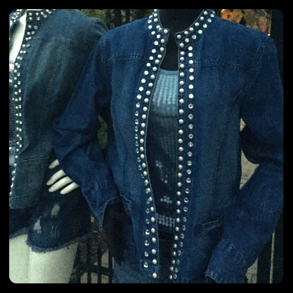 EUVC Embellished Rhinestones CRYSTALS PEARLS denim jean jacket M L